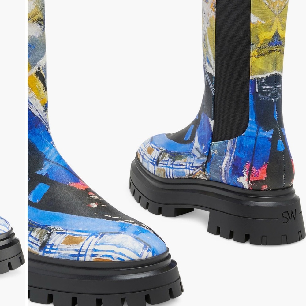 Stuart Weitzman Blue and Yellow Winter Boots with Artistic Print